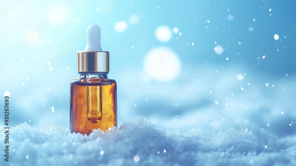 Glass bottle with serum, essential oil on blue background on the snow. winter cosmetic for face and hand skin care with vitamins. Copy space. Glass bottle with serum, essential oil on blue background on the snow. winter cosmetic for face and hand skin care with vitamins. Copy space.