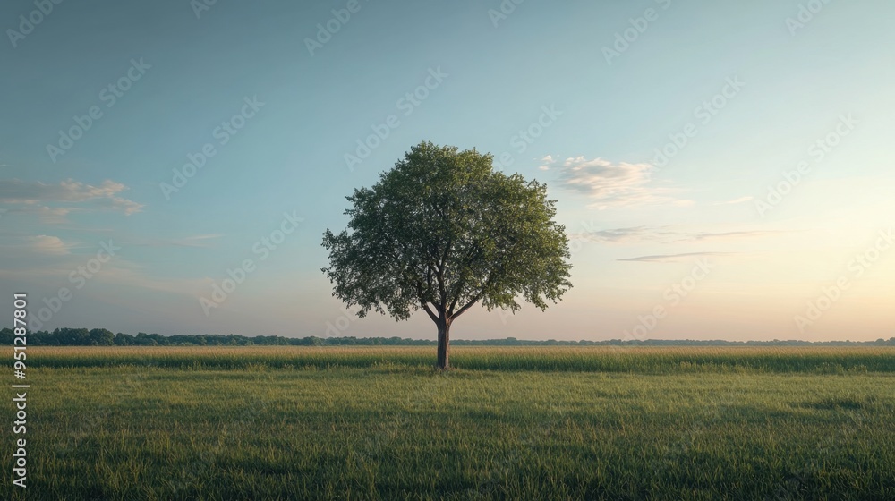 Solitary tree standing tall in a wide-open field at dusk, with minimalist design focusing on the gentle transition of light and shadow in a serene landscape Solitary tree standing tall in a wide-open field at dusk, with minimalist design focusing on the gentle transition of light and shadow in a serene landscape