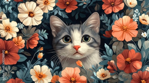 A charming gray cat peering through vibrant flowers, capturing a whimsical and serene moment in nature.