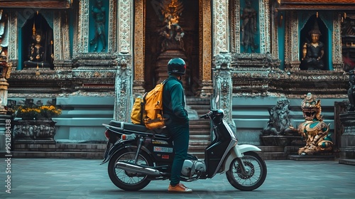 Passenger Boarding Motorcycle Taxi at Tourist Attraction with Driver Waiting photo