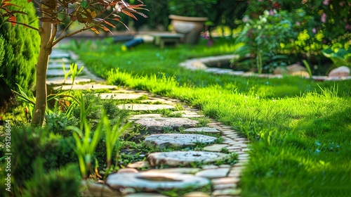 Embracing Serenity: A Close-Up of Tranquil Moments in a Lush Garden, Stone Path, and Water Feature, Experiencing the Essence of Nature photo