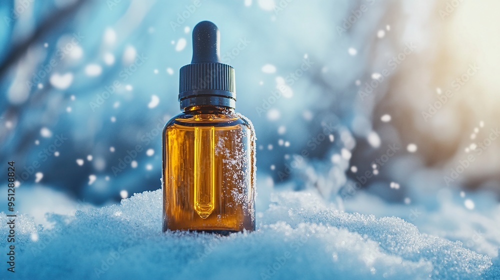 Glass bottle with serum, essential oil on blue background on the snow. winter cosmetic for face and hand skin care with vitamins. Copy space. Glass bottle with serum, essential oil on blue background on the snow. winter cosmetic for face and hand skin care with vitamins. Copy space.