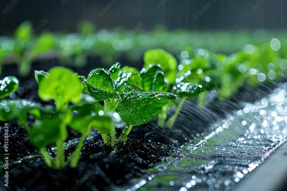 Water Sprinkling Green Leafy Plants in a Hydroponic Garden Water Sprinkling Green Leafy Plants in a Hydroponic Garden