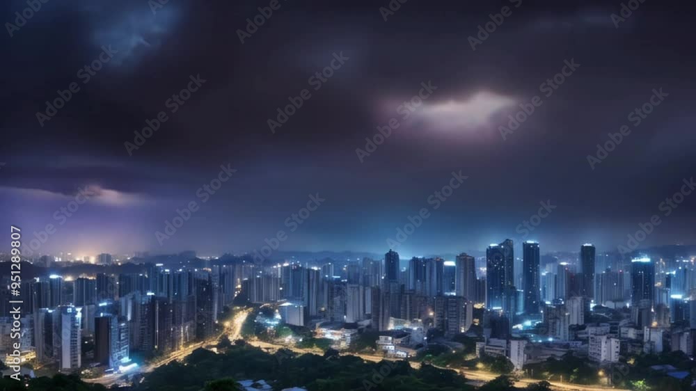 Lightning above the lake and aerial view of city night in rainy season. AI Generative.