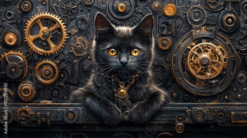 A mysterious black cat adorned with a golden collar, surrounded by intricate steampunk gears and mechanisms.