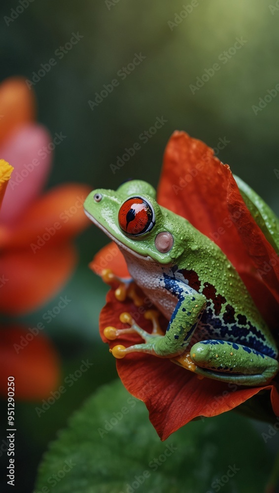 A vibrant red-eyed tree frog perched on a green leaf, showcasing its striking colors and unique features in a natural setting. Generative AI.
A vibrant red-eyed tree frog perched on a green leaf, showcasing its striking colors and unique features in a natural setting. Generative AI.