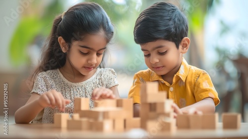 A charming image of two young Indian siblings focused on constructing buildings with wooden blocks. The playful and educational setting makes this image perfect for use in educational materials, paren photo