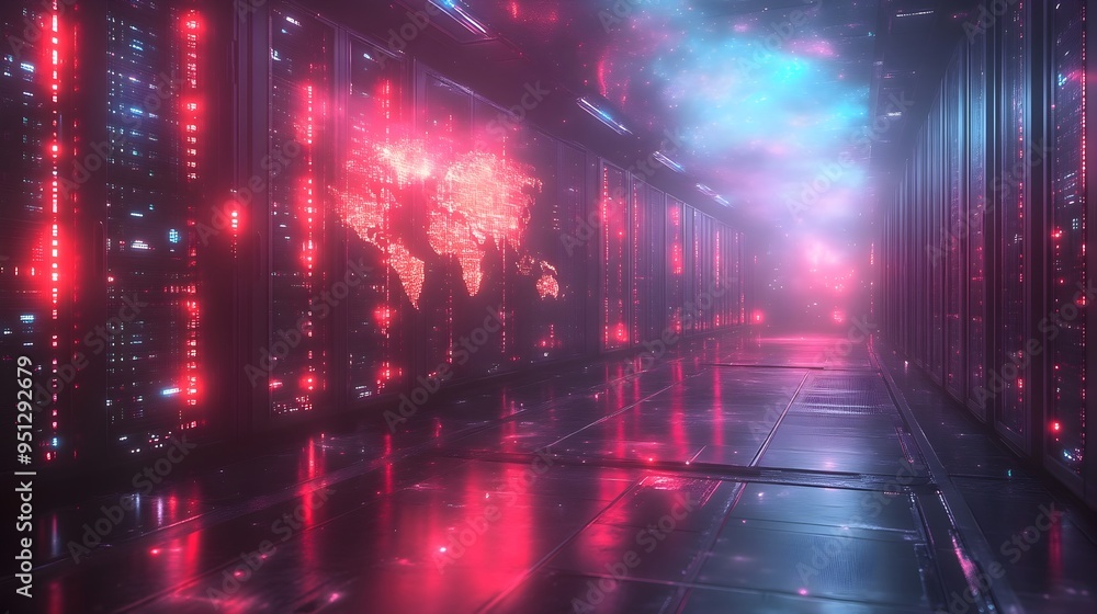 Fototapeta premium Futuristic Data Center Topology with Pulsing Cryptocurrency Mining Rigs and IoT Cloud Visualization