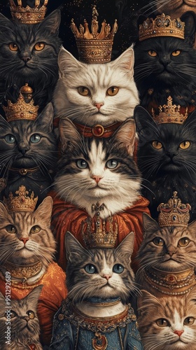 A regal assembly of cats adorned with crowns, exuding a royal ambiance in a whimsical and artistic portrayal.