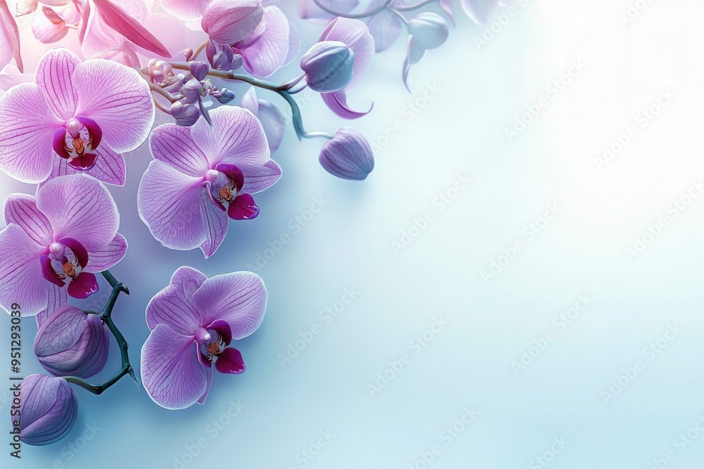 Delicate Pink Orchids with Buds and Stem on a Light Blue Background Delicate Pink Orchids with Buds and Stem on a Light Blue Background