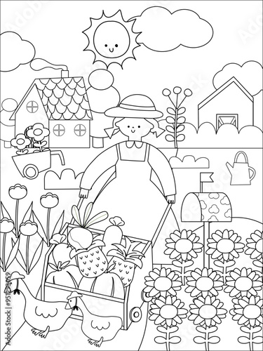 hand drawn vector, coloring book with kids, The girl is watering plants in the garden color ing page vector, Drawn vector cute girl in the garden for summer, element in the garden