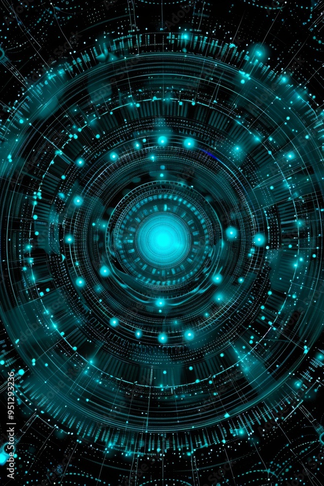 A pattern of turquoise dots and circles on black background, arranged in concentric rings with different sizes and objects inside the circular shapes, creating an abstract digital art style A pattern of turquoise dots and circles on black background, arranged in concentric rings with different sizes and objects inside the circular shapes, creating an abstract digital art style
