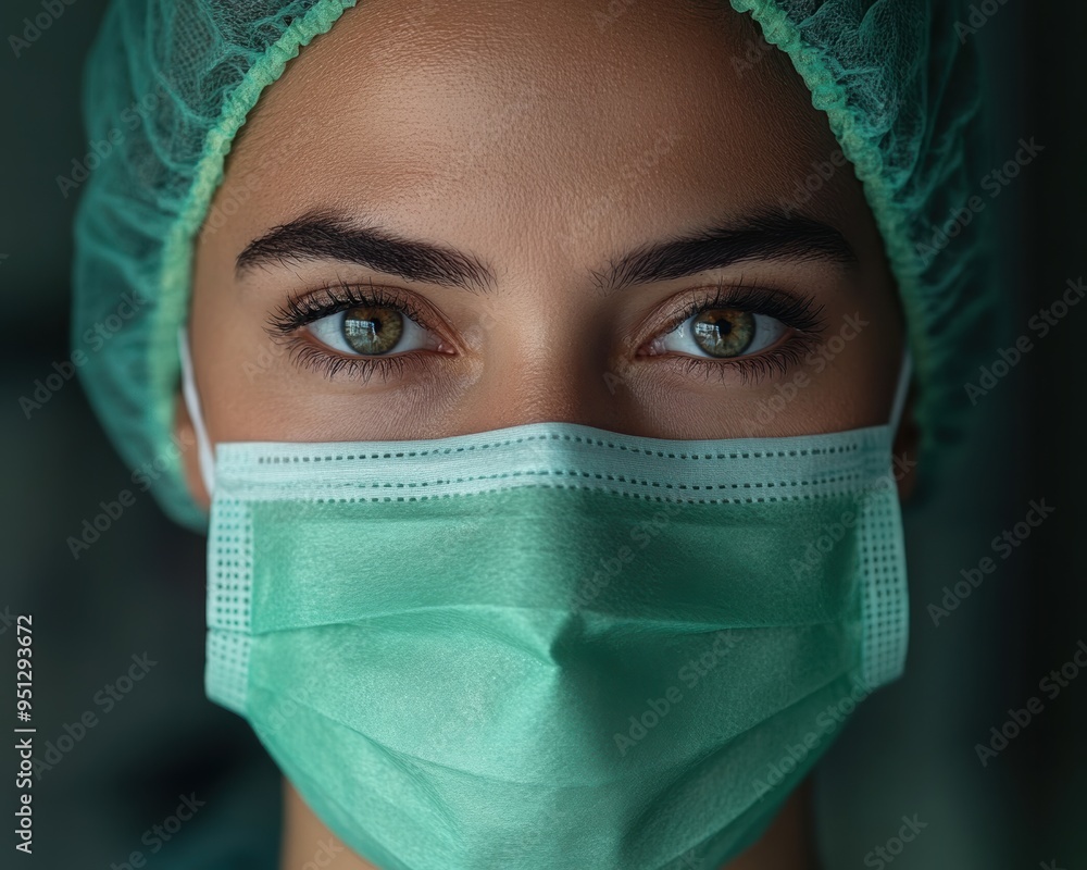 Close-up portrait of a healthcare worker wearing a surgical mask and cap, emphasizing focus, determination, and medical safety. Close-up portrait of a healthcare worker wearing a surgical mask and cap, emphasizing focus, determination, and medical safety.