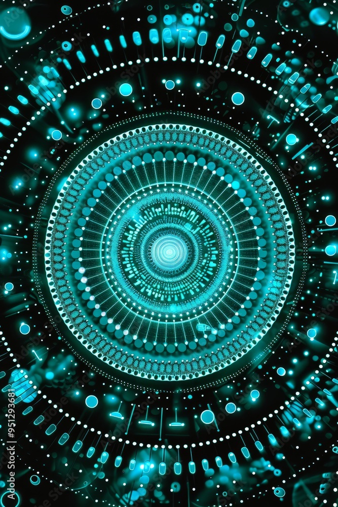 A pattern of turquoise dots and circles on black background, arranged in concentric rings with different sizes and objects inside the circular shapes, creating an abstract digital art style A pattern of turquoise dots and circles on black background, arranged in concentric rings with different sizes and objects inside the circular shapes, creating an abstract digital art style