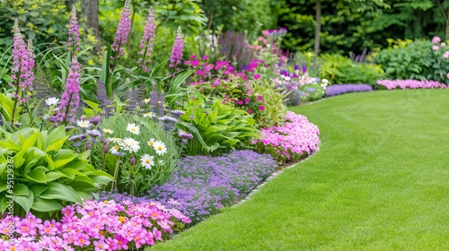 Eclectic mix of perennials in a shaded cottage garden, whimsical garden design, perennial charm photo