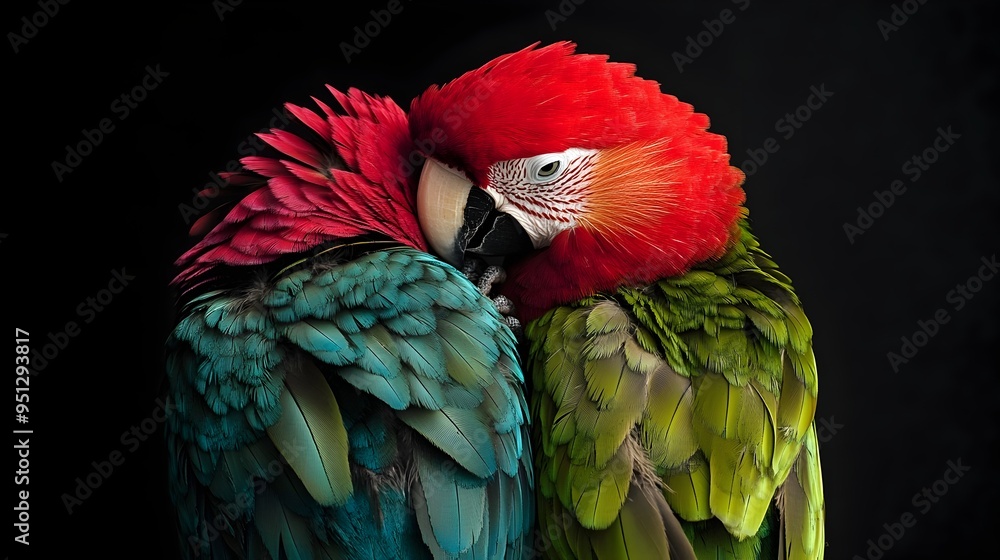 Obraz premium Two colorful parrots sitting together closely preening and grooming each other s vibrant feathers in an intimate affectionate interaction within their natural environment