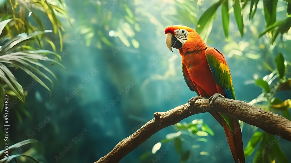 Obraz premium Vibrant and Exotic Parrot Perched Atop a Tree Branch with Lush Green Foliage in a Tropical Jungle or Forest Background