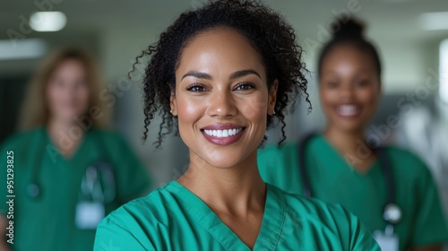 Smiling healthcare professional in green scrubs standing confidently in a hospital, with colleagues in the background, symbolizing teamwork and patient care.