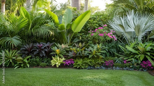 Tropical shade garden with exotic perennials, lush and vibrant shade plants, tropical retreat photo