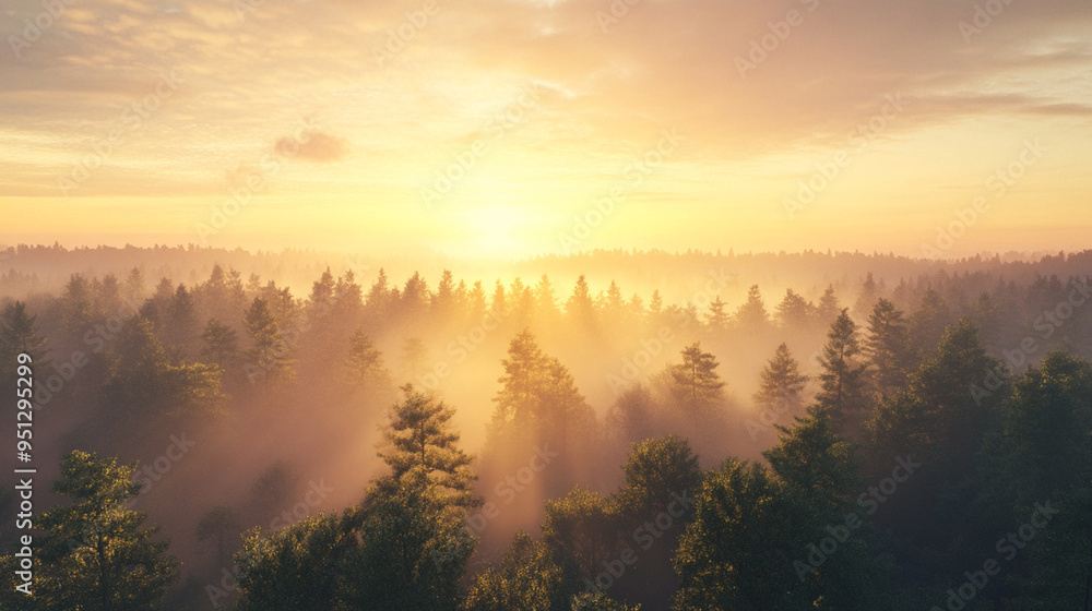 Sunrise over a foggy forest. Sunrise over a foggy forest.