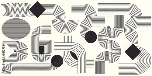 Set of abstract Boho shapes with line. Abstract aesthetic boho shape element. Abstract aesthetic boho textured background with line and stripes. Minimalist geometric patterns. Boho