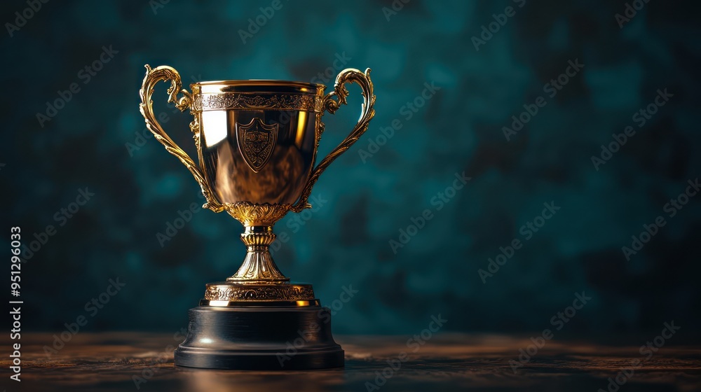 1st champion award, the best prize and winner concept, championship cup or winner trophy on in showroom on dark wall 1st champion award, the best prize and winner concept, championship cup or winner trophy on in showroom on dark wall