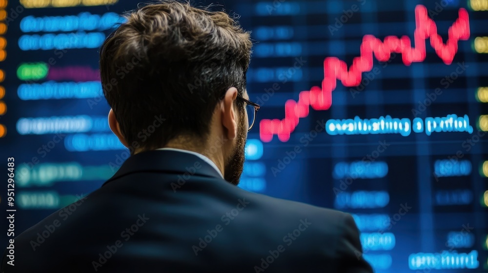 Businessman Analyzing Stock Market Data and Trends on Digital Display Businessman Analyzing Stock Market Data and Trends on Digital Display
