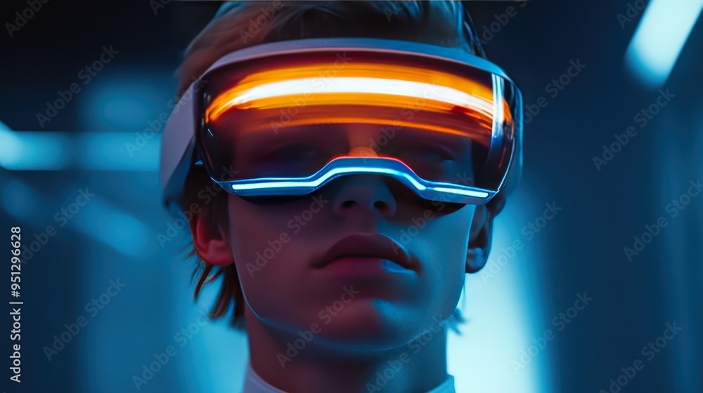 A blonde man wearing a futuristic gaming visor that covers only his eyes A blonde man wearing a futuristic gaming visor that covers only his eyes