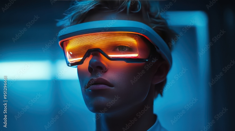 A blonde man wearing a futuristic gaming visor that covers only his eyes A blonde man wearing a futuristic gaming visor that covers only his eyes