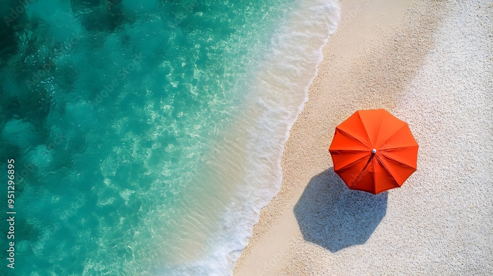 Naklejka premium Aerial View of Vibrant Red Umbrella on Pristine Beach with Turquoise Waters