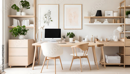 A bright, Scandinavian-inspired home office with clean lines, light wood furniture, and minimalist decor, offering a functional and stylish workspace in a calm and airy environment.