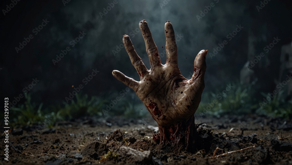 Zombie hand coming out of the ground. Generative AI.
Zombie hand coming out of the ground. Generative AI.