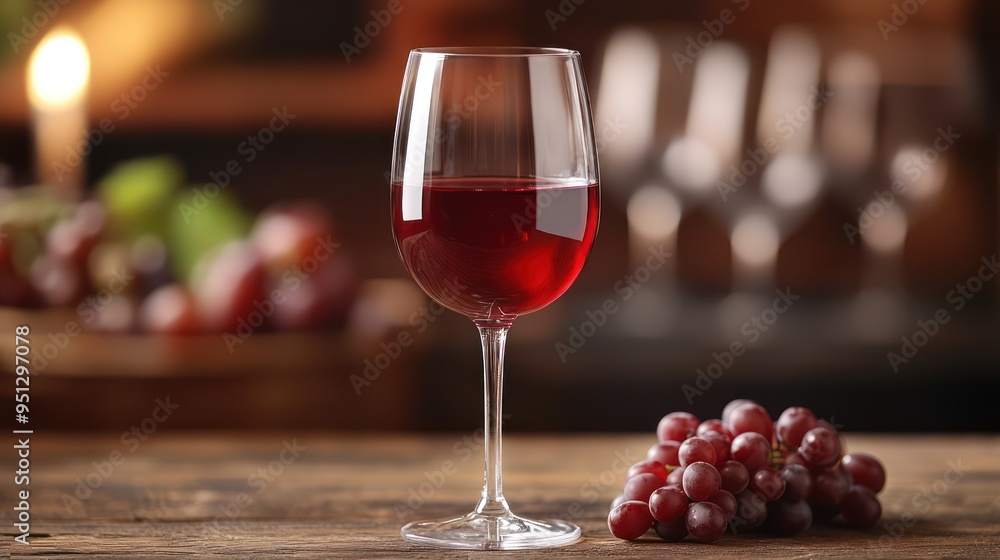 A glass of red wine on a table and grapes against a wooden background A glass of red wine on a table and grapes against a wooden background