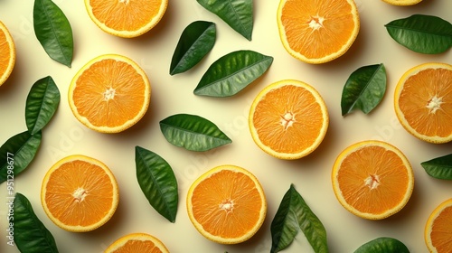 An artistic flat lay seamless pattern featuring evenly sliced oranges and vibrant green leaves