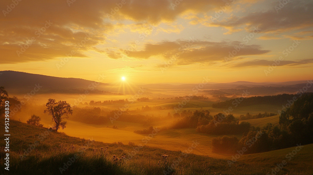 Sunrise over a foggy valley.