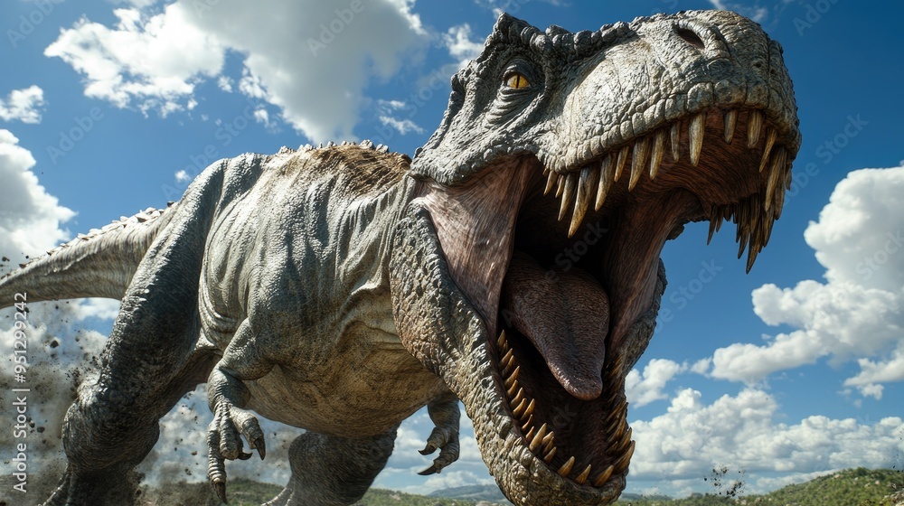 A menacing T-rex with its jaws wide open, showcasing the terrifying strength of the dinosaur king in a prehistoric landscape. A menacing T-rex with its jaws wide open, showcasing the terrifying strength of the dinosaur king in a prehistoric landscape.