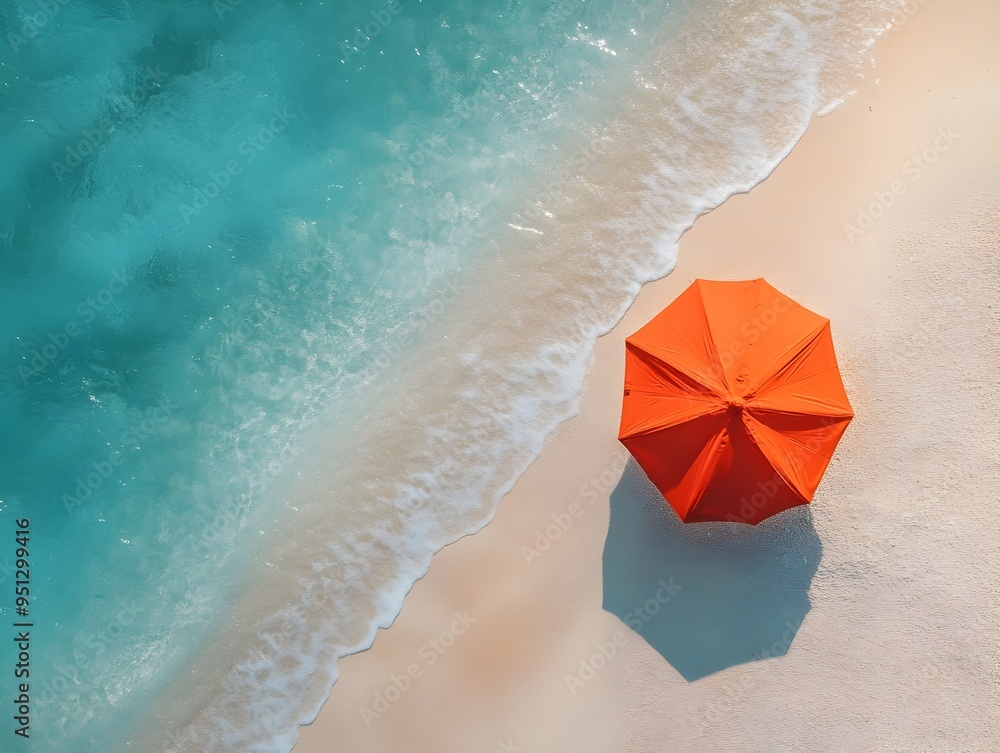 Naklejka premium Aerial View of Isolated Beach with Vibrant Orange Umbrella