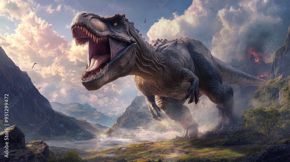 Fototapeta premium A menacing T-rex with its jaws wide open, showcasing the terrifying strength of the dinosaur king in a prehistoric landscape.