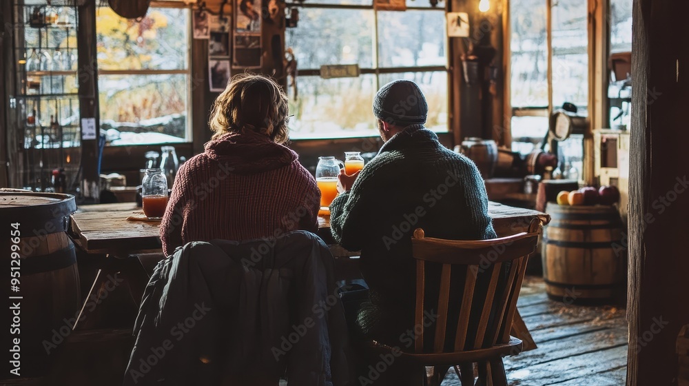Cozy Cabin Conversation: Two Friends Enjoying a Warm Moment Cozy Cabin Conversation: Two Friends Enjoying a Warm Moment