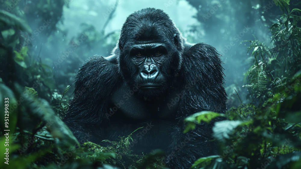 Naklejka premium Black lowland gorilla, a big, hairy mammal, thinks in the jungle