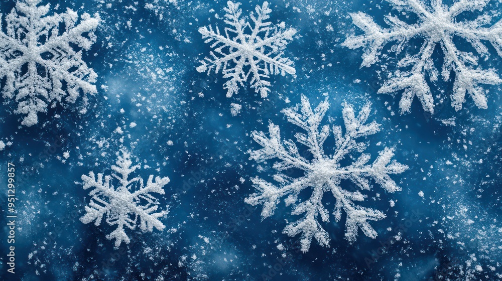 Close-up of intricate snowflake patterns on a blue background Close-up of intricate snowflake patterns on a blue background