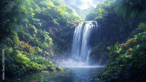 Beautiful waterfalls cascade through lush green forests, their waters flowing over rocky cliffs, creating stunning natural landscapes