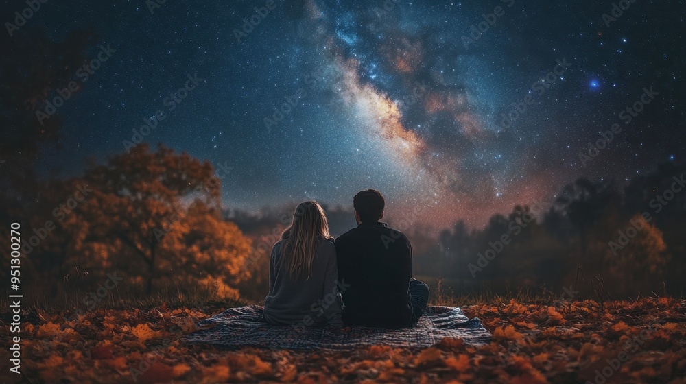 Starry Night Sky Embracing Couple Watching Milky Way Galaxy Starry Night Sky Embracing Couple Watching Milky Way Galaxy