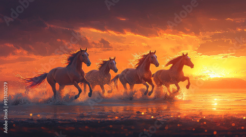 Dramatic silhouette of wild horses galloping across a vast desert landscape at sunset, their dark forms contrasting against the fiery sky