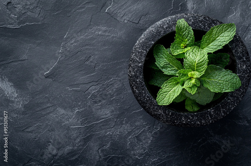 green mint leaves in the black stone mortar on a dark gray background photo