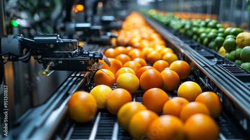 Fototapeta Naklejka Na Ścianę i Meble -  Efficient Automated Fruit Sorting and Packaging Line with Robots at Work | Modern Agriculture Technology Concept