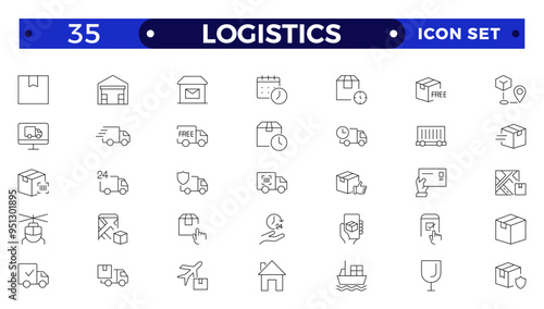 Logistics outline icon. Delivery service outline icon set. Containing order tracking, delivery home, warehouse, truck, scooter, courier Sea Air, Date, Return Search Parcel,  and cargo icons.