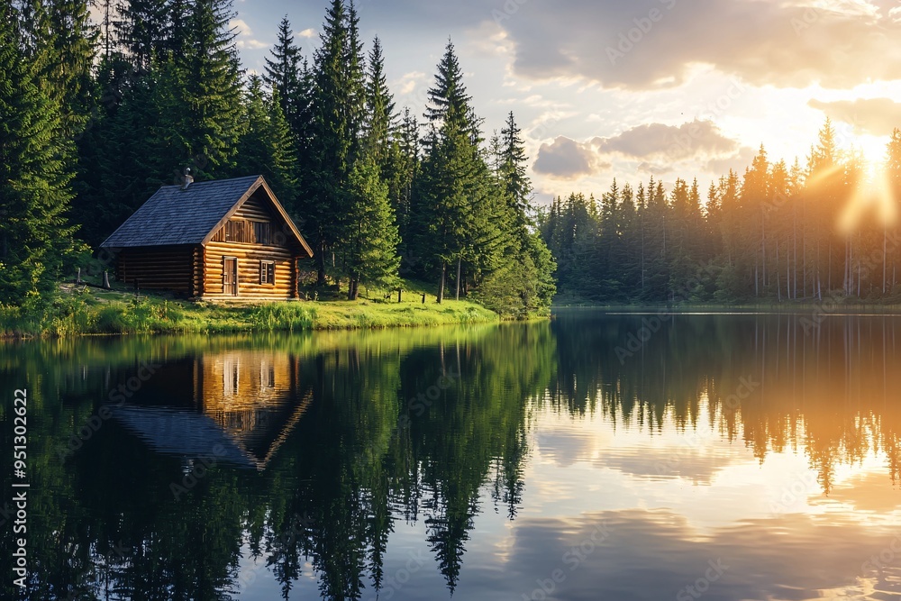 A cozy wooden retreat beside a serene lake, embraced by towering evergreens, glows softly in the sunsets embrace. A cozy wooden retreat beside a serene lake, embraced by towering evergreens, glows softly in the sunsets embrace.
