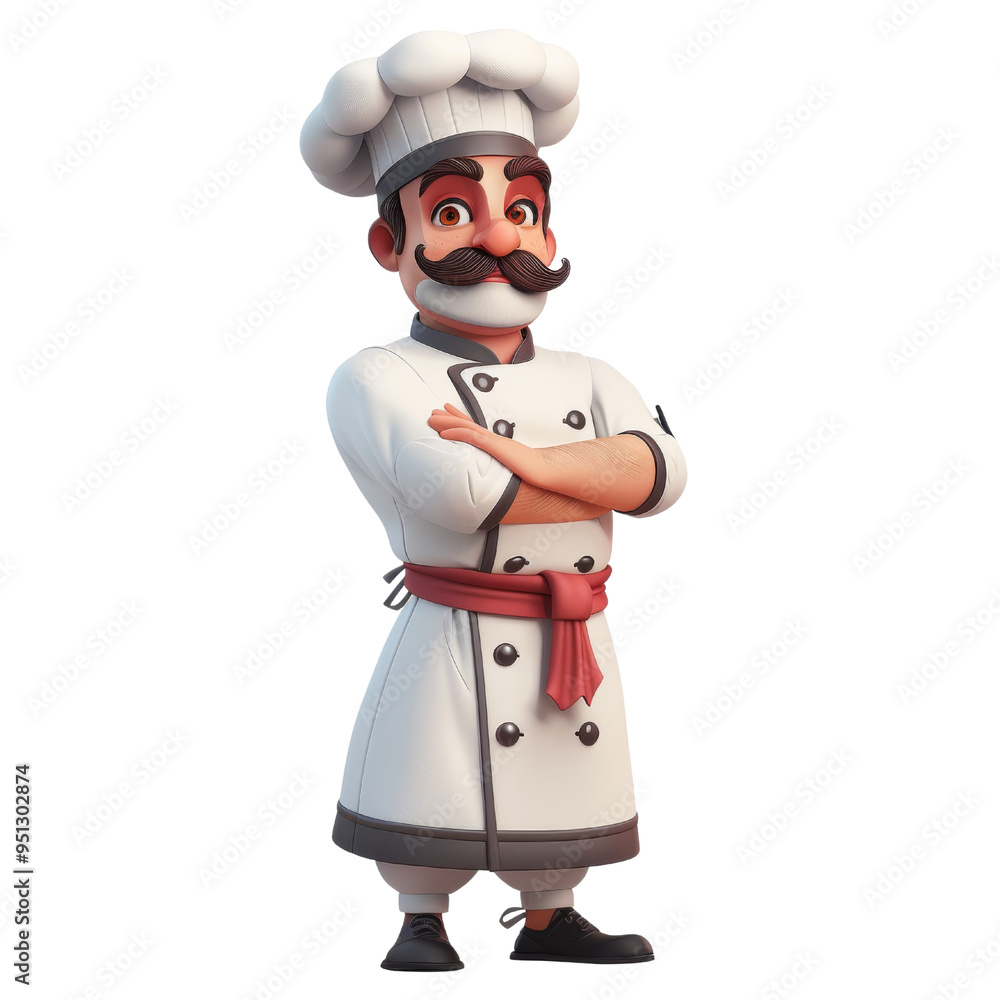 A confident cartoon chef stands with arms crossed, showcasing friendly demeanor. His expressive face and traditional attire convey passion for cooking. A confident cartoon chef stands with arms crossed, showcasing friendly demeanor. His expressive face and traditional attire convey passion for cooking.