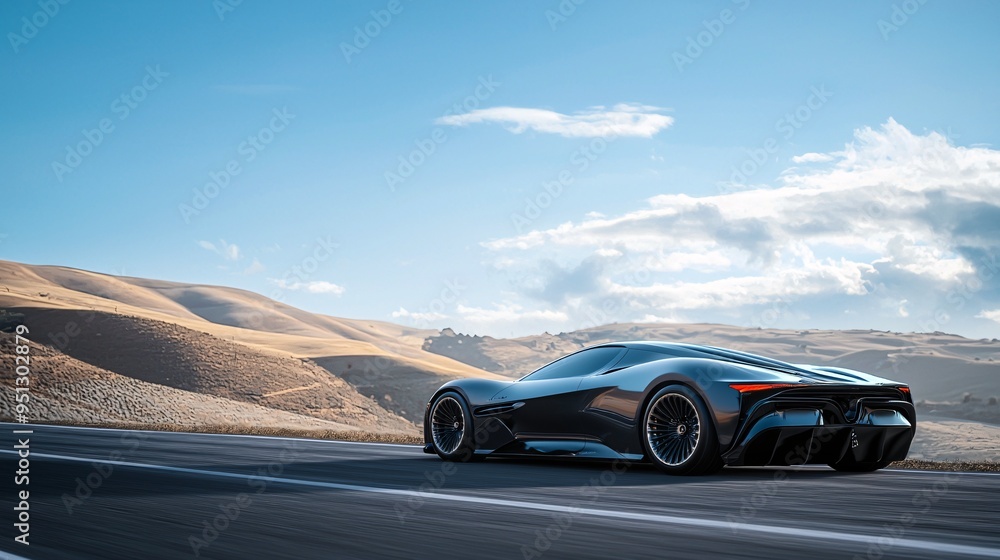 Fototapeta premium A streamlined sports coupe glides effortlessly along a winding road, highlighting its contemporary silhouette against a backdrop of clear skies and gentle slopes.